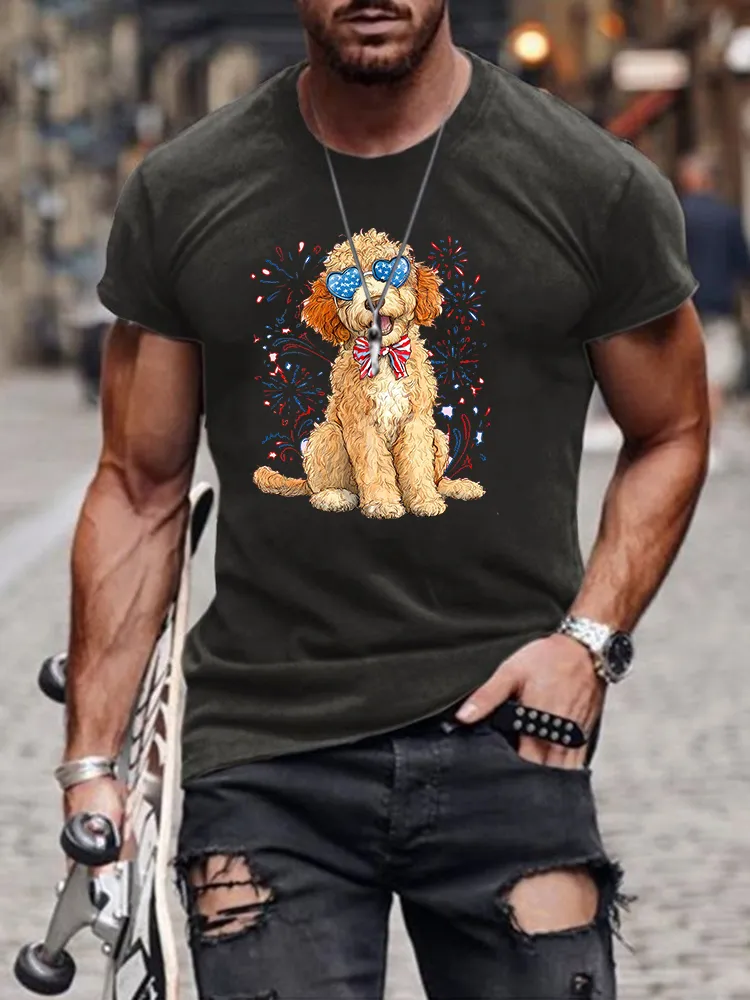 Men'S Independence Day Puppy Fireworks Round-Neck Short-Sleeved T-Shirt