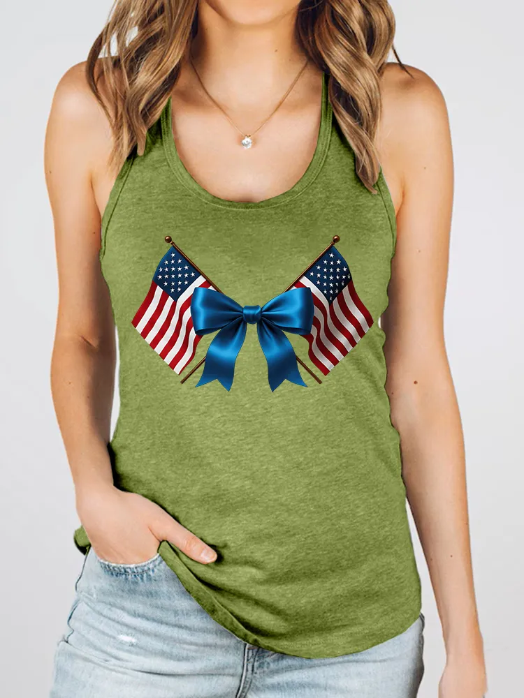 Women'S Stars And Stripes Bow Print Round-Necked Sleeveless Vest