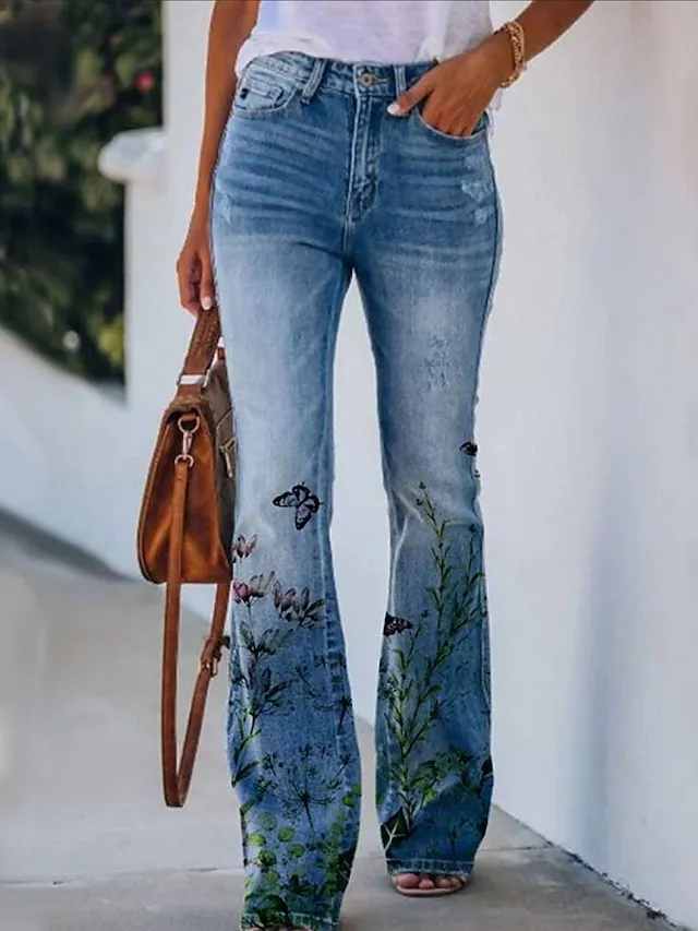 Women's Jeans Bootcut Flare Full Length Faux Denim Side Pockets Wide Leg High Elasticity Mid Waist Fashion Casual Weekend 31803 31806 S M