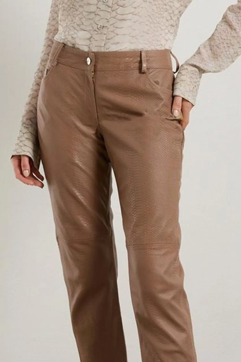 Snake Print Leather Slim Leg Low Rise Trousers