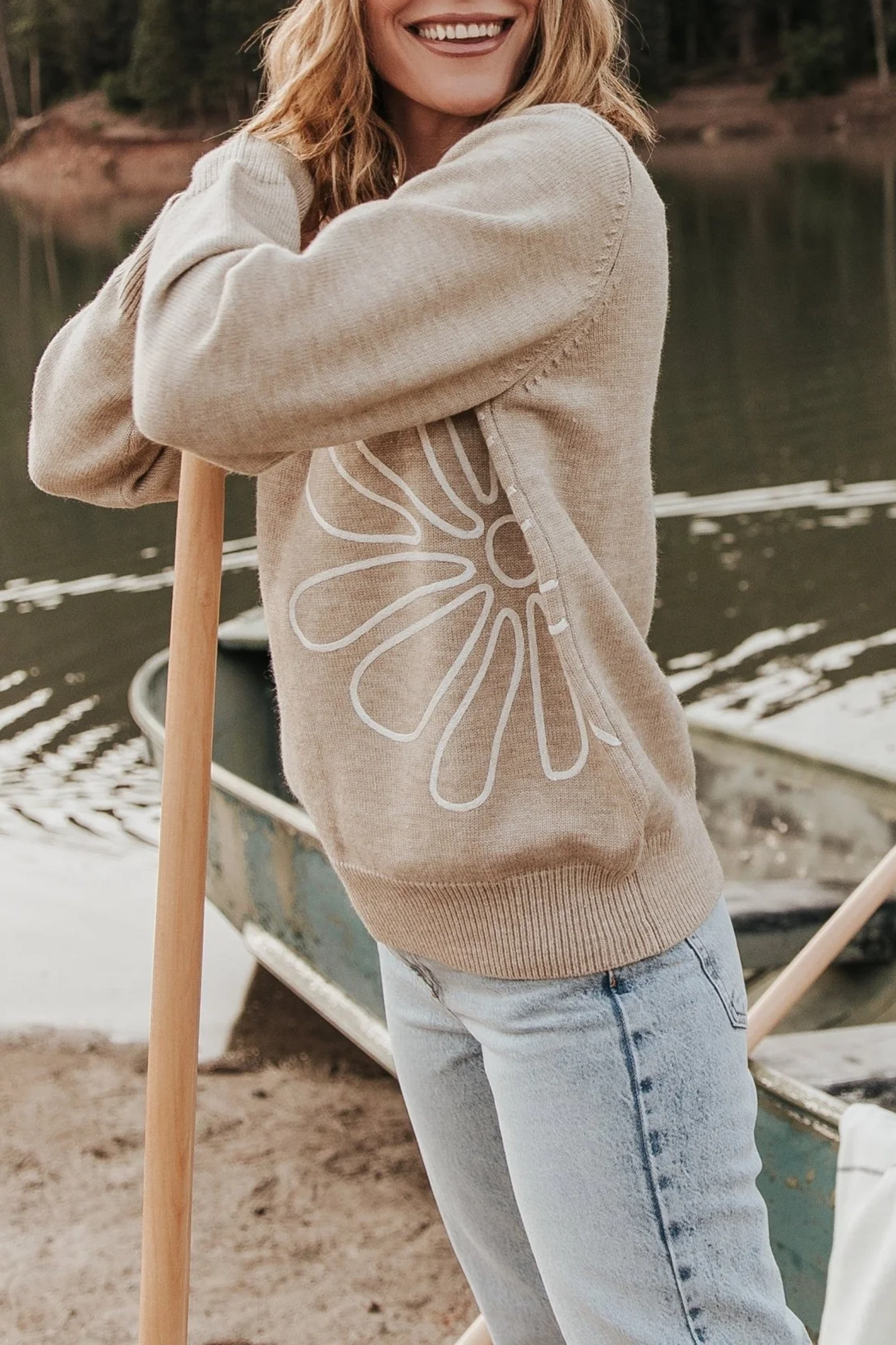 Classic Daily Leisure Embroidery Print Natural Top