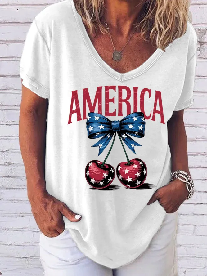Woman'S Independence Day V-Neck And Short Sleeves T-shirt