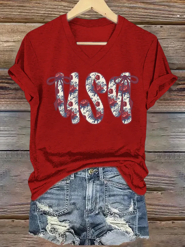 Woman'S USA Independence Day V-Neck And Short Sleeves T-shirt