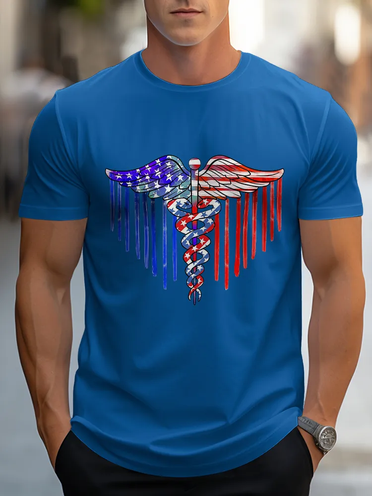 Man'S Star-Striped Wings Round-Neck Short-Sleeved T-Shirt