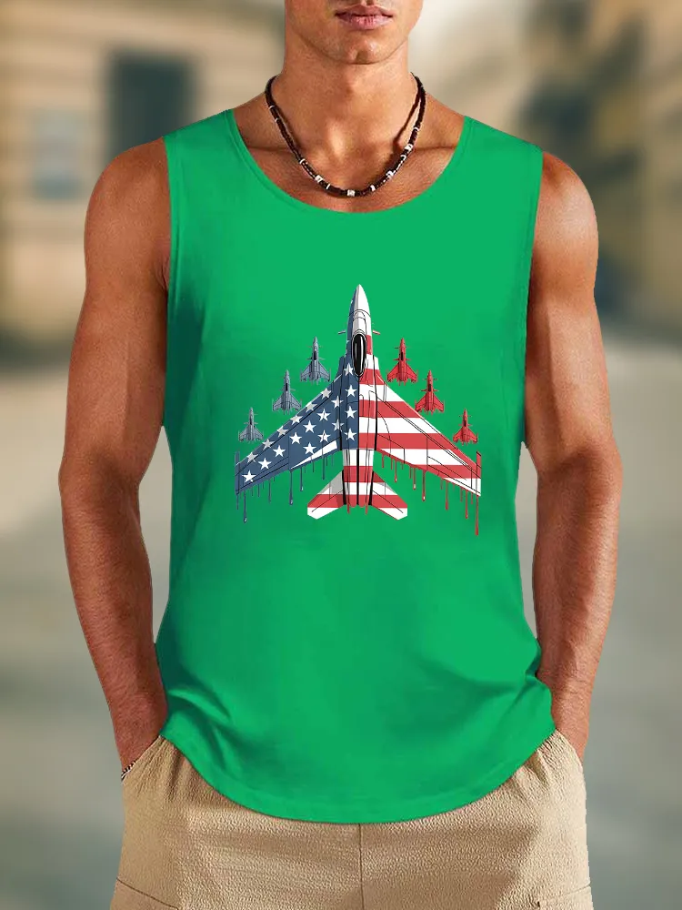 Men'S Stars And Stripes Airplane Print Round-Necked Sleeveless Vest