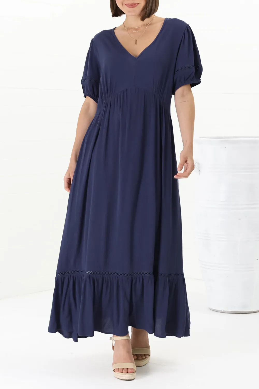 Navy Blue Short Sleeve Maxi Dress