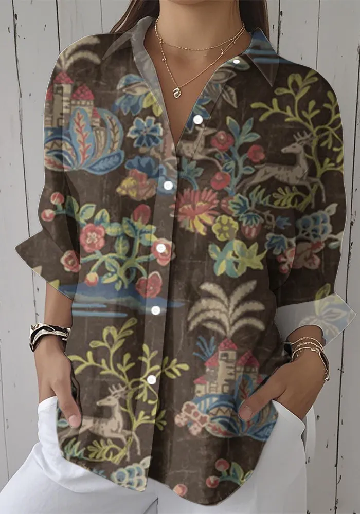 Women's Casual Protective Forest Print Long Sleeve Cotton and Linen Shirt