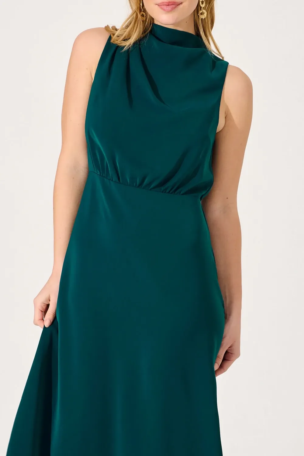 Dark Green Sleeveless Mock Neck Midi Dress