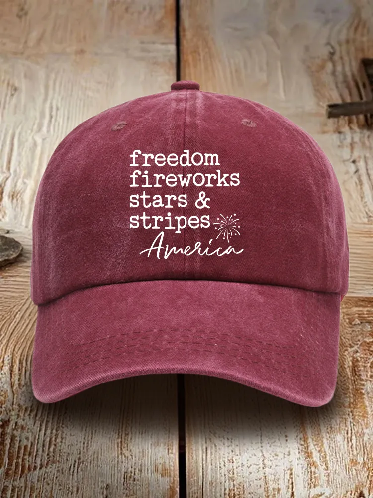 Freedom Fireworks Stars And Stripoes America Print Washed Baseball Cap