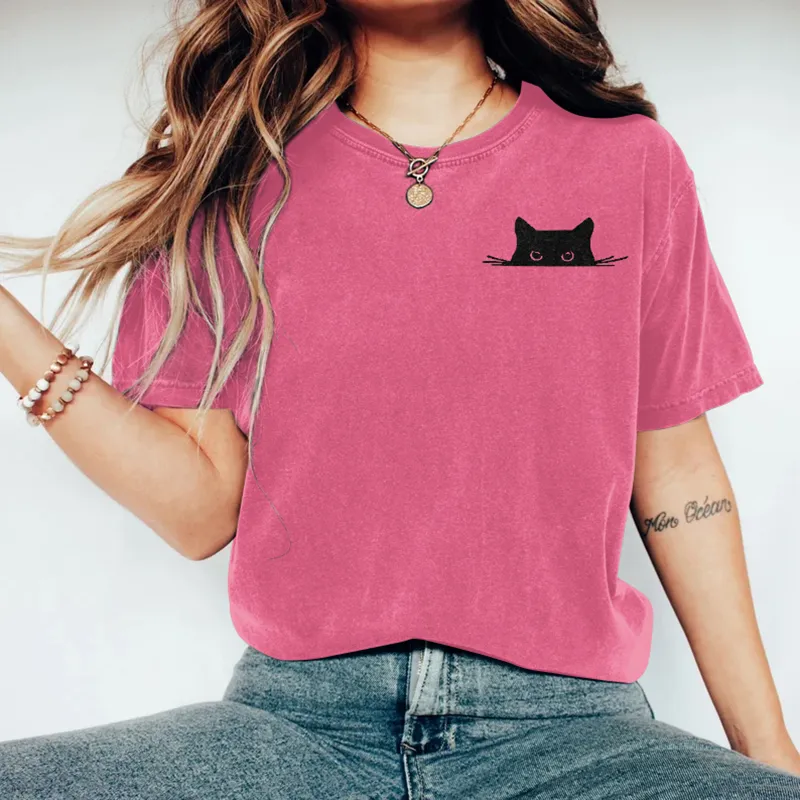 Abstract Creative Embroidered Black Cat Art Print  T-shirt