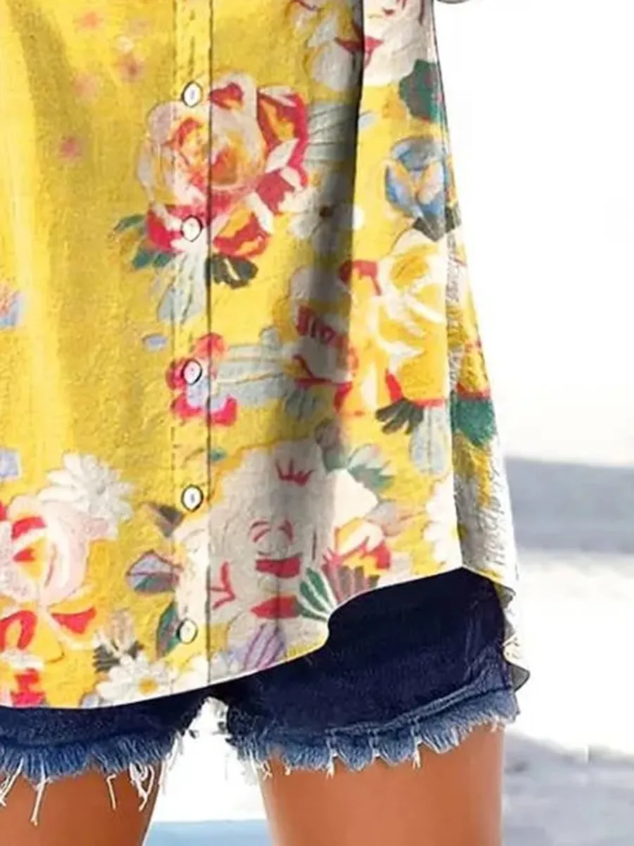 Women's Retro Casual Floral Cotton and Linen Top