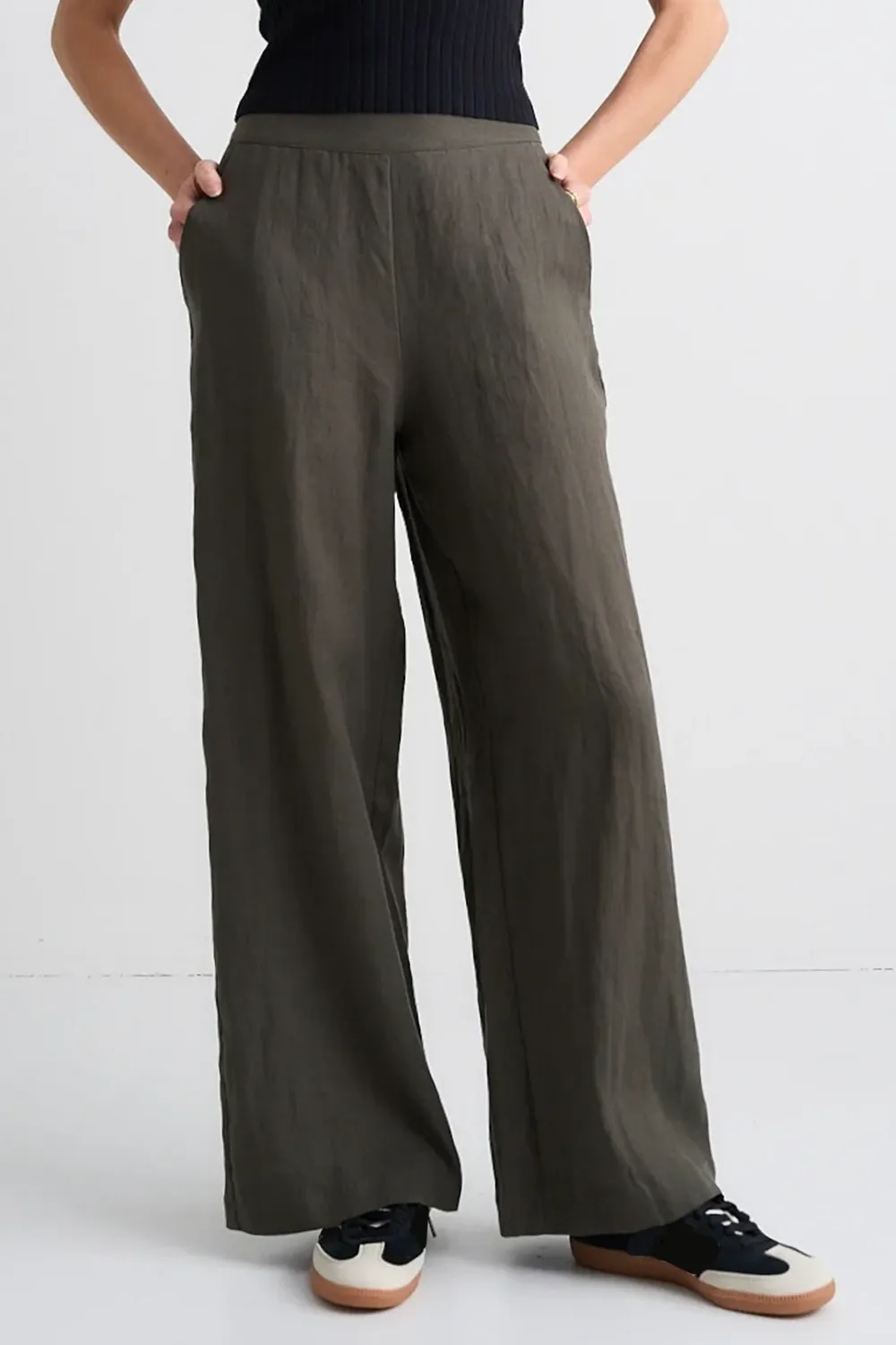 Dark Olive Linen Wide Leg Pant