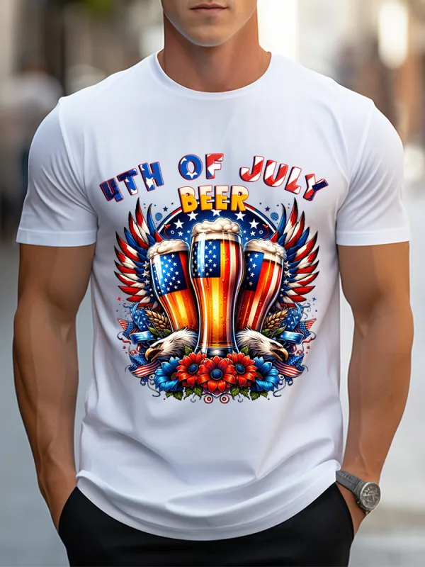 Men's Independence Day 4th Of July Beer Round-Neck Short-Sleeved T-Shirt