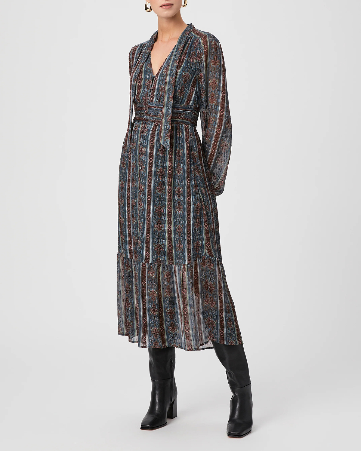 Calico Blue Multi Silk Striped Wrap Midi Dress