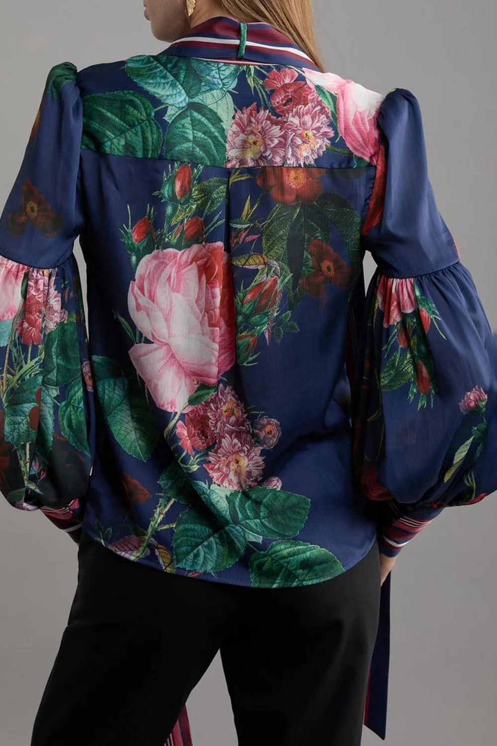 Woven Balloon Sleeve Tie Detail Blouse