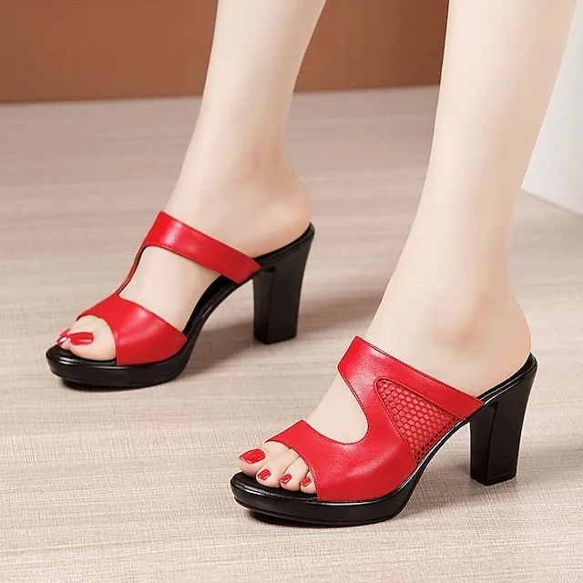 Women's Sandals Block Heel Sandals Outdoor Slippers Outdoor Daily Summer Chunky Heel Open Toe Elegant Casual Faux Leather Loafer Solid Color Black White Red