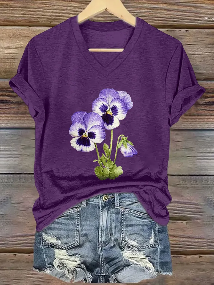Women'S Floral Printed Alzheimer'S Awareness Short-Sleeved T-Shirt