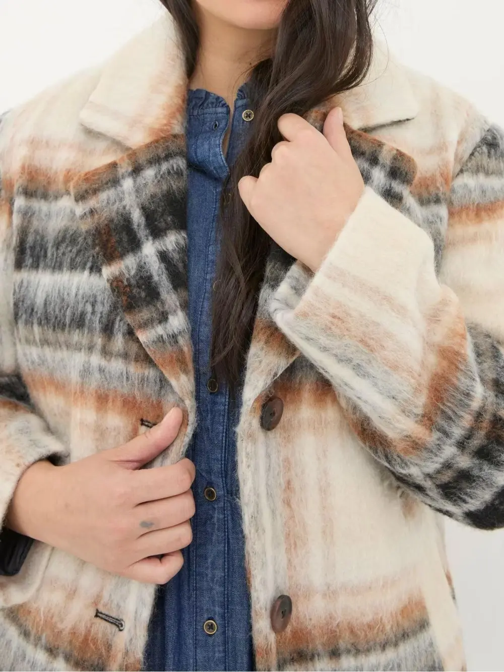 Brown Plaid Wool Blend Coat