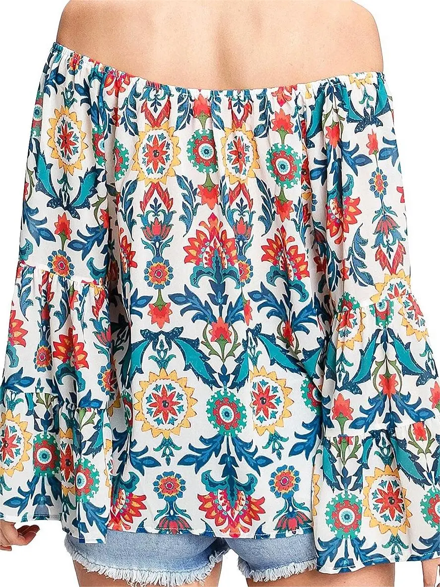 Multicolor Floral Off - Shoulder Bell - Sleeve Blouse