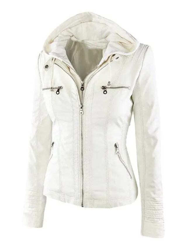 Women's Faux Leather Fall Hoodie Moto Biker Hoodie Jacket Windproof Warm Pocket Sports Solid Color Maillard Outerwear Long Sleeve Winter Fall Black Camel Red Street Casual Daily  M L XL