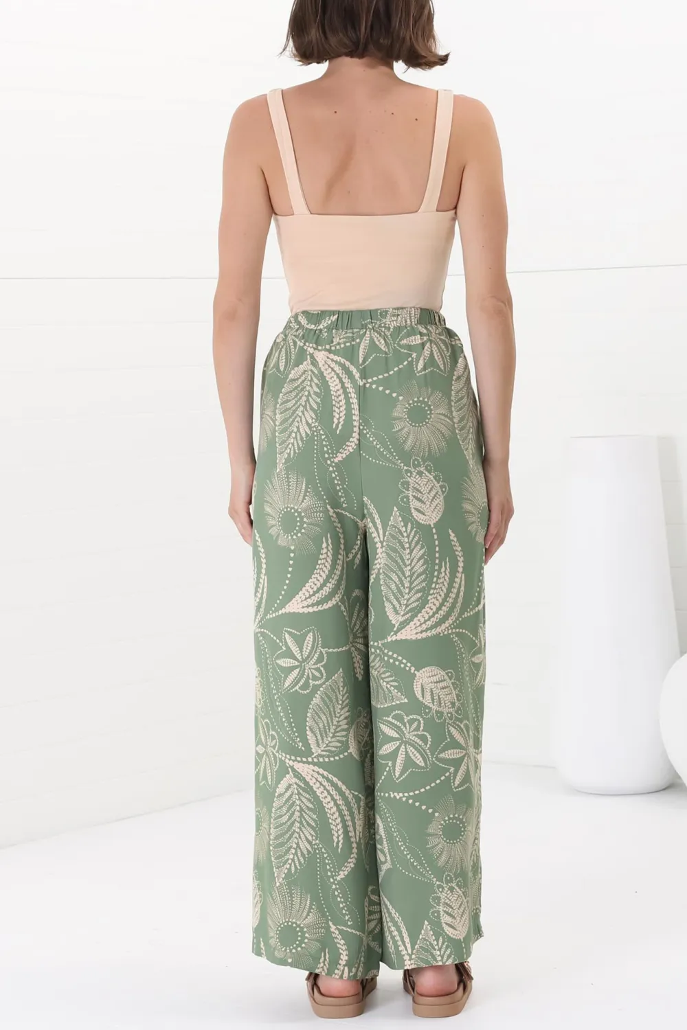 Green Leaf Print High Waist Wide Leg Pants