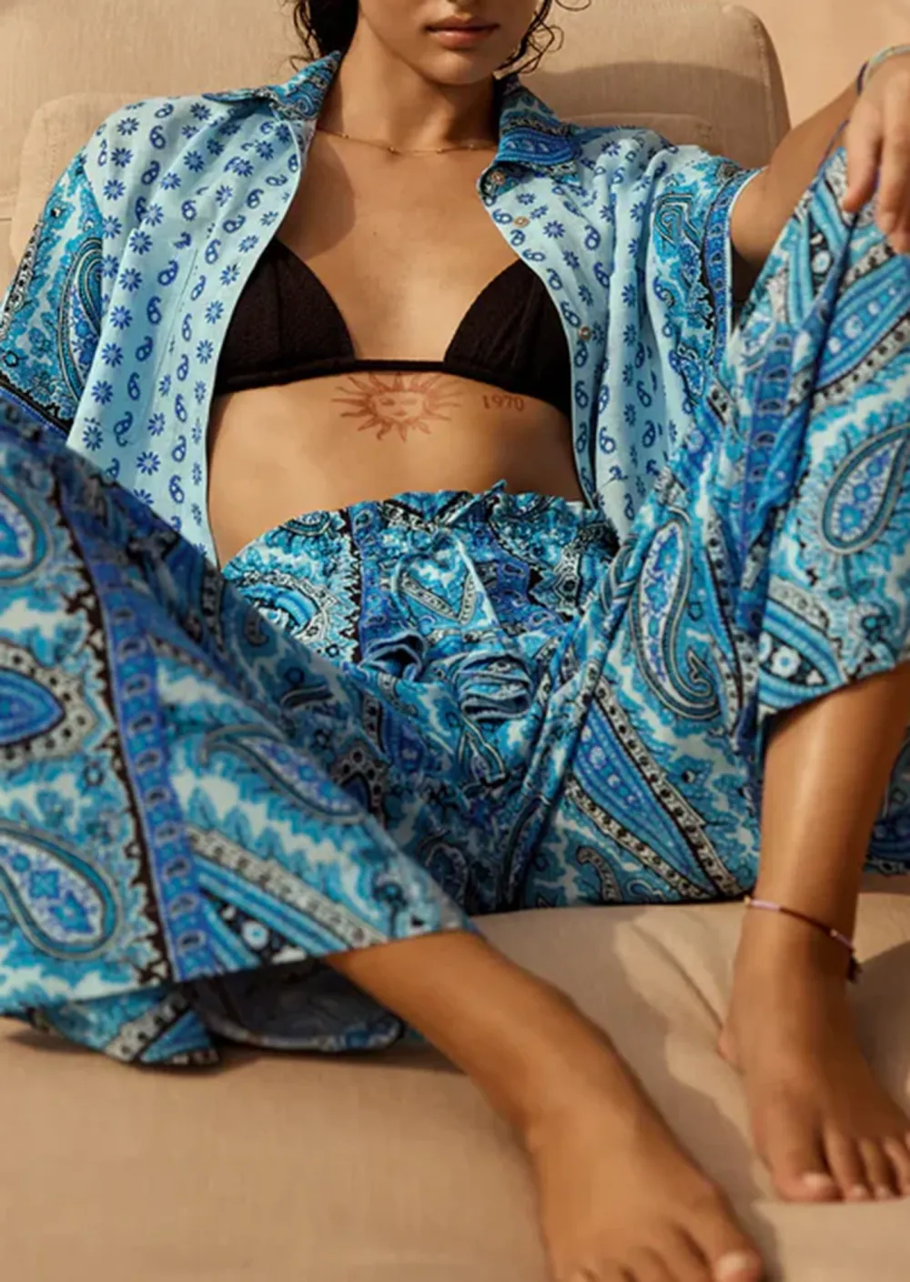 Blue Shimmer High Waist Wide Leg Pants