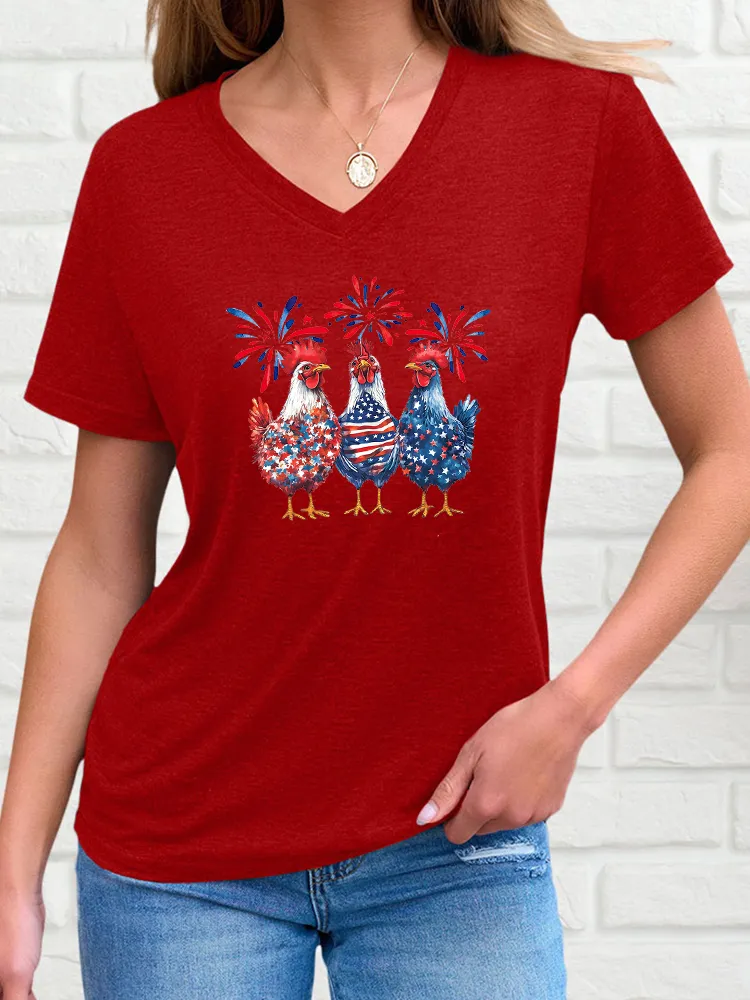 Woman'S Independence Day Fireworks Rooster T-Shirt With V-Neck And Short Sleeves