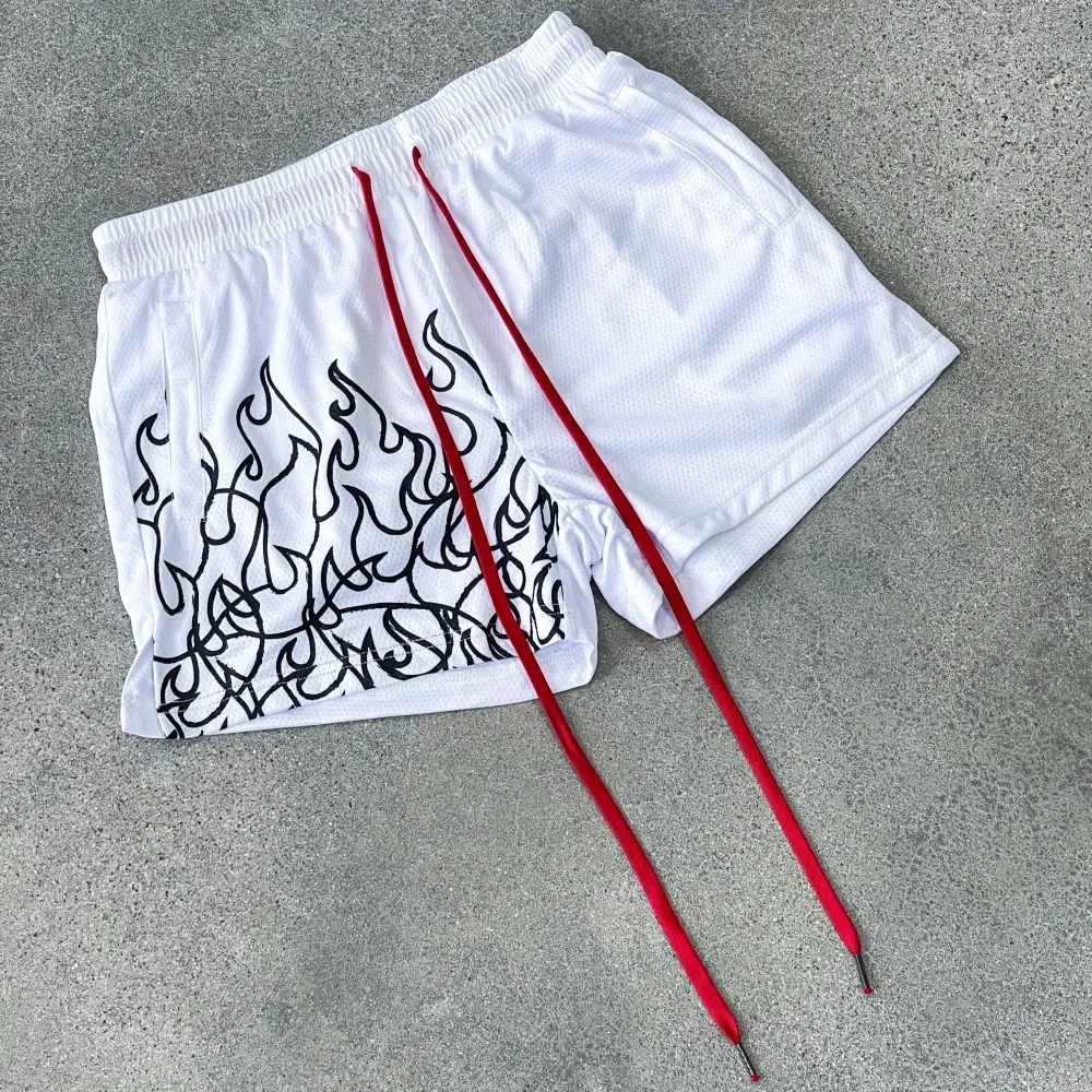MUAY THAI FLAME SHORTS (MID THIGH CUT) - WHITE / BLACK