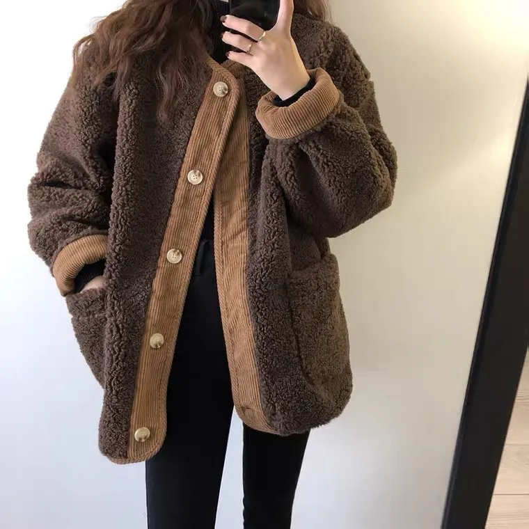 Winter Color Matching Thick Sheep Wool Cotton Jacket