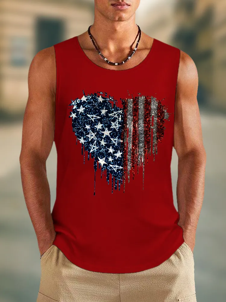 Men'S Stars And Stripes Heart-Shaped Print Round-Necked Sleeveless Vest