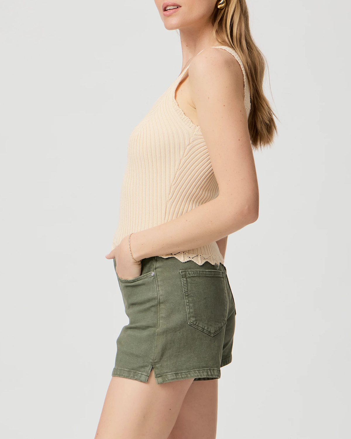 Beige Ribbed V Neck Cropped Tank Top