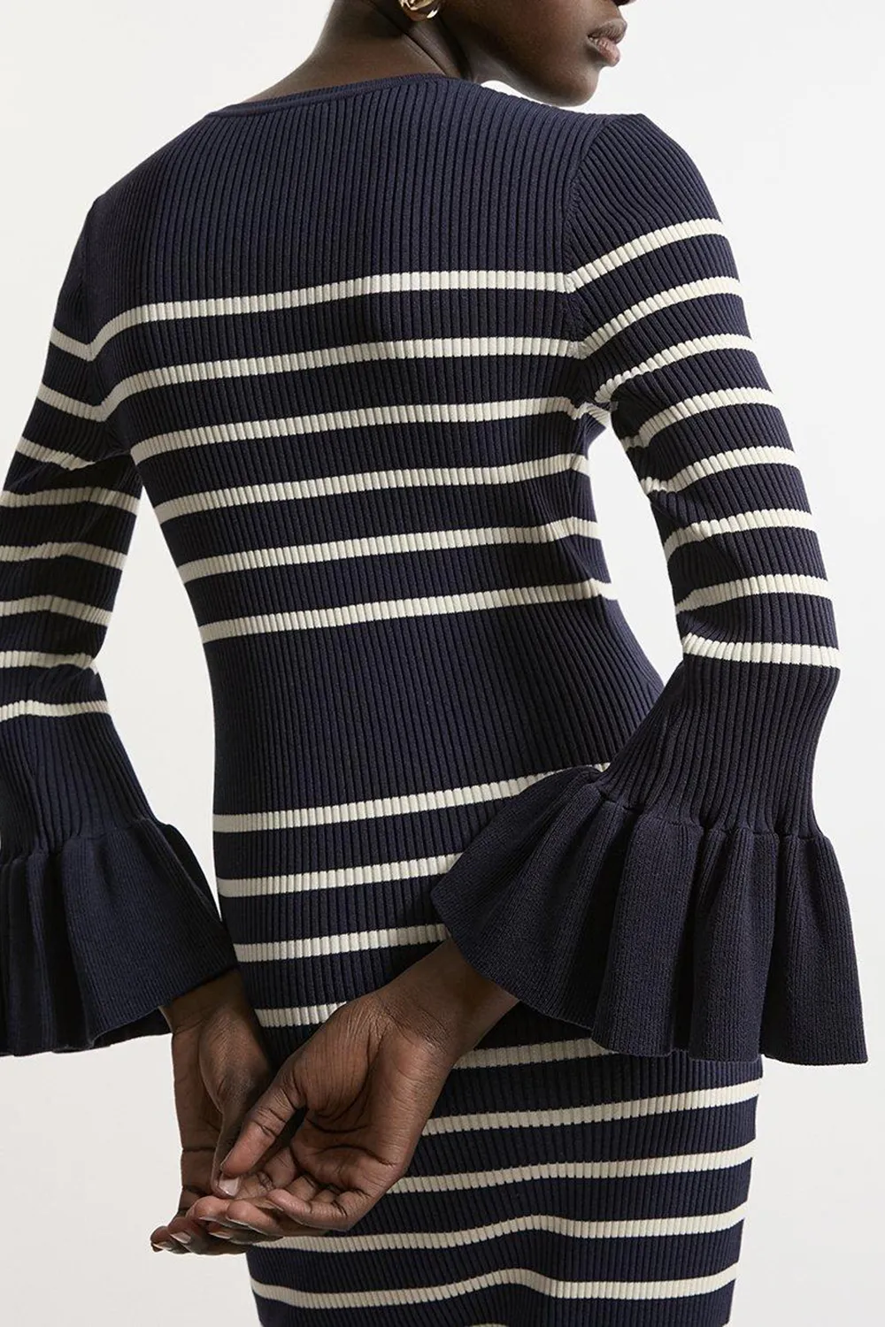 Trumpet Sleeve Rib Knit Midi Dress