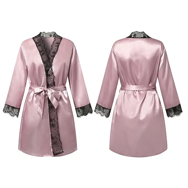 Women's Lace Satin Silk Pajamas Sets 4 Pcs Home Party Daily St.Patrick's Day Elastic Waist Pure Color Satin Simple Casual Soft Strap Top Shorts Fall Winter Spring Strap Short Sleeves Long Sleeve