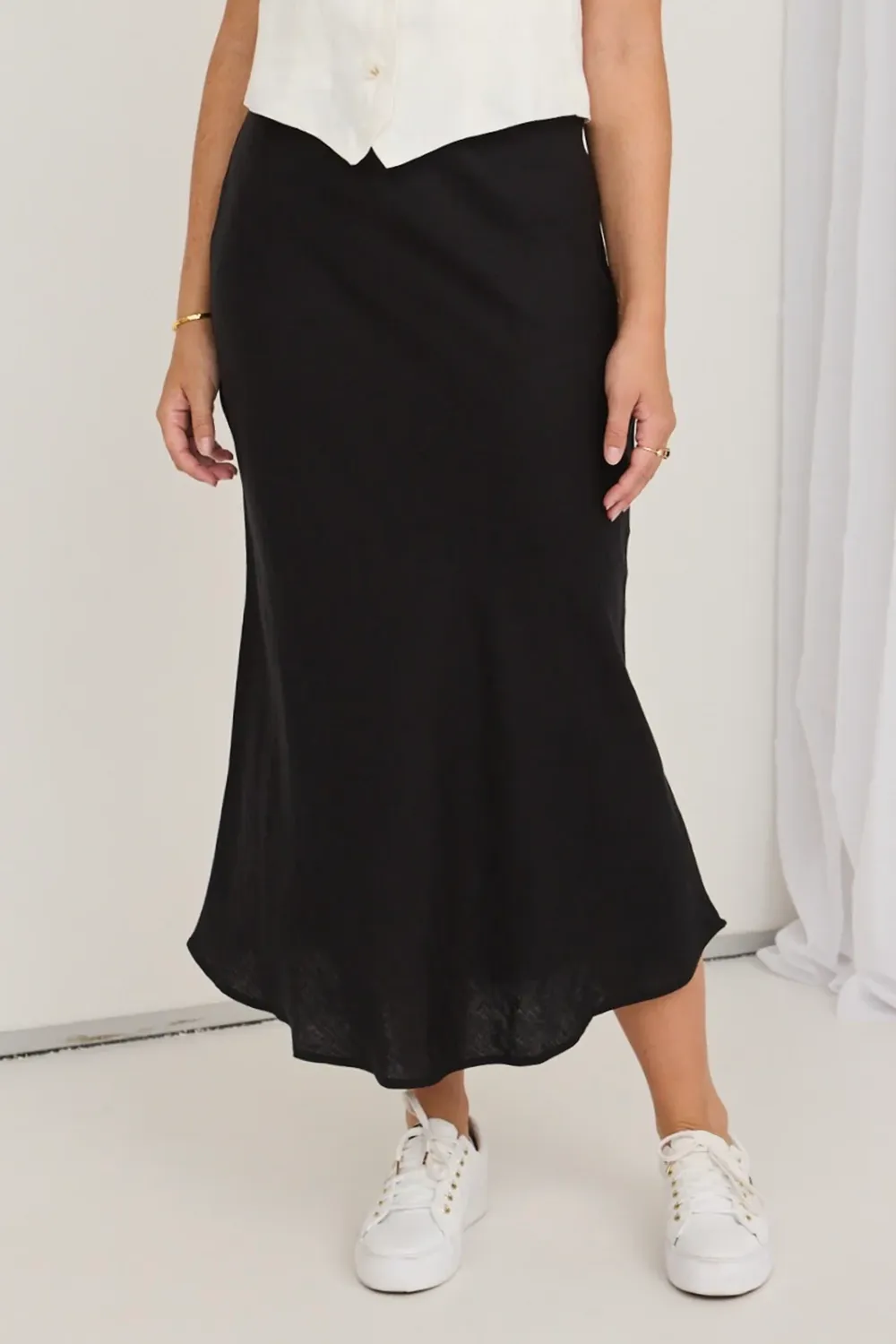 Casual Black Linen Midi Skirt