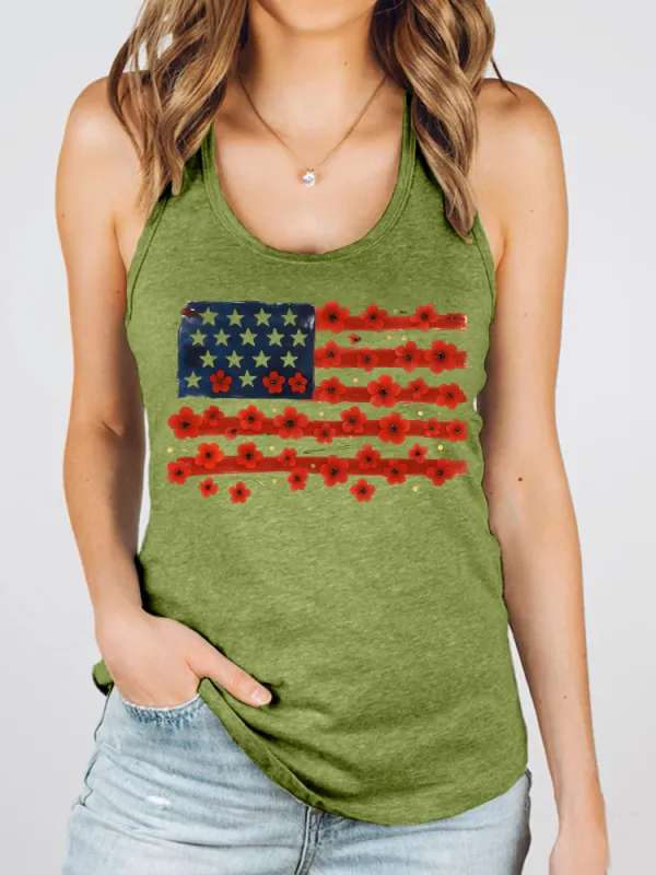 Women'S Flower Stars And Stripes Print Round-Necked Sleeveless Vest