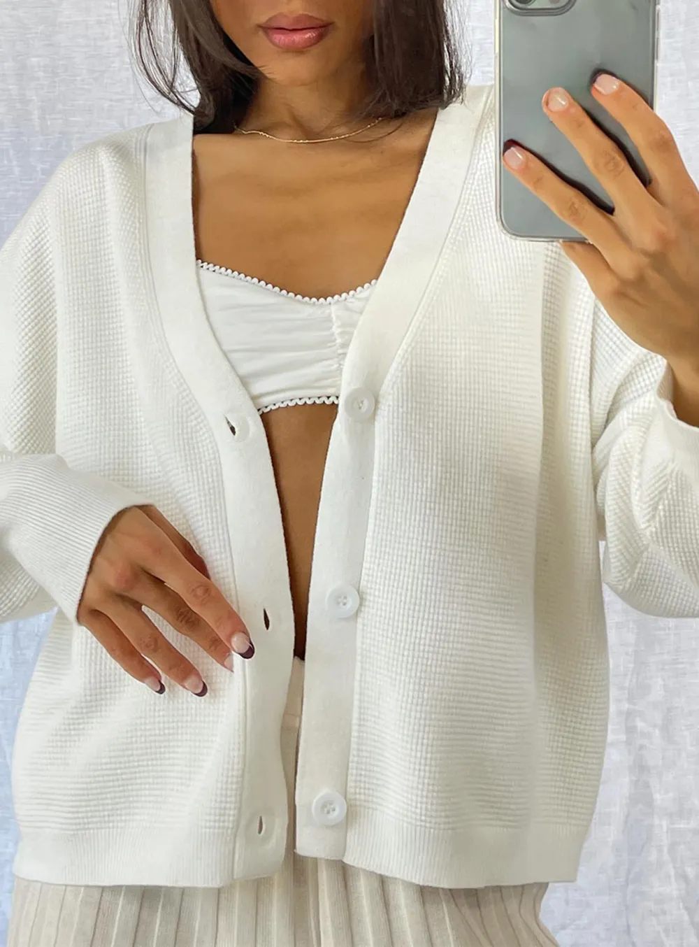 Waffle Cardigan White