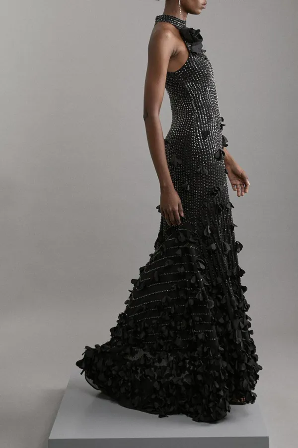 Floral Applique Crystal Embellished Woven Maxi Rosette Maxi Dress