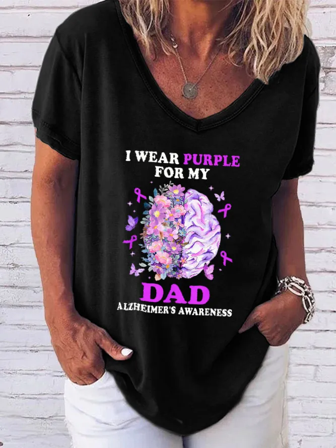 Women'S V-Neck Short-Sleeved T-Shirt I Wear Purple For My Dad Alzheimer'S Awareness Prints