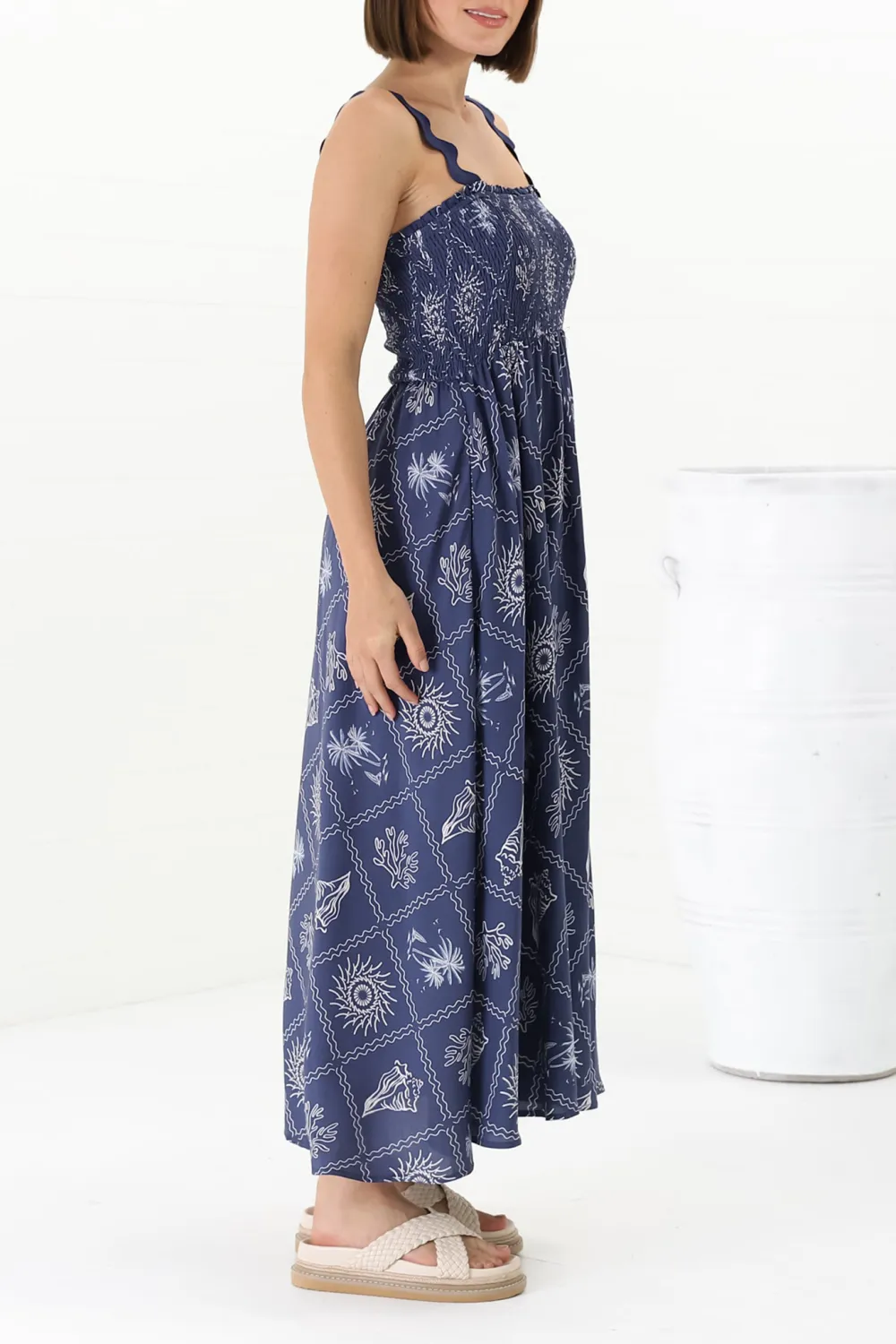 Blue Patterned Scallop Strap Midi Dress