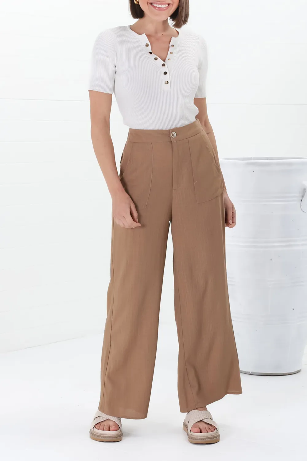 Tan High Waist Wide Leg Casual Pants