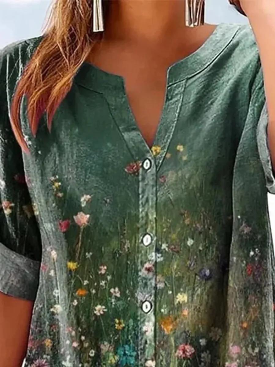 Women's Retro Casual Floral Cotton and Linen Shirt