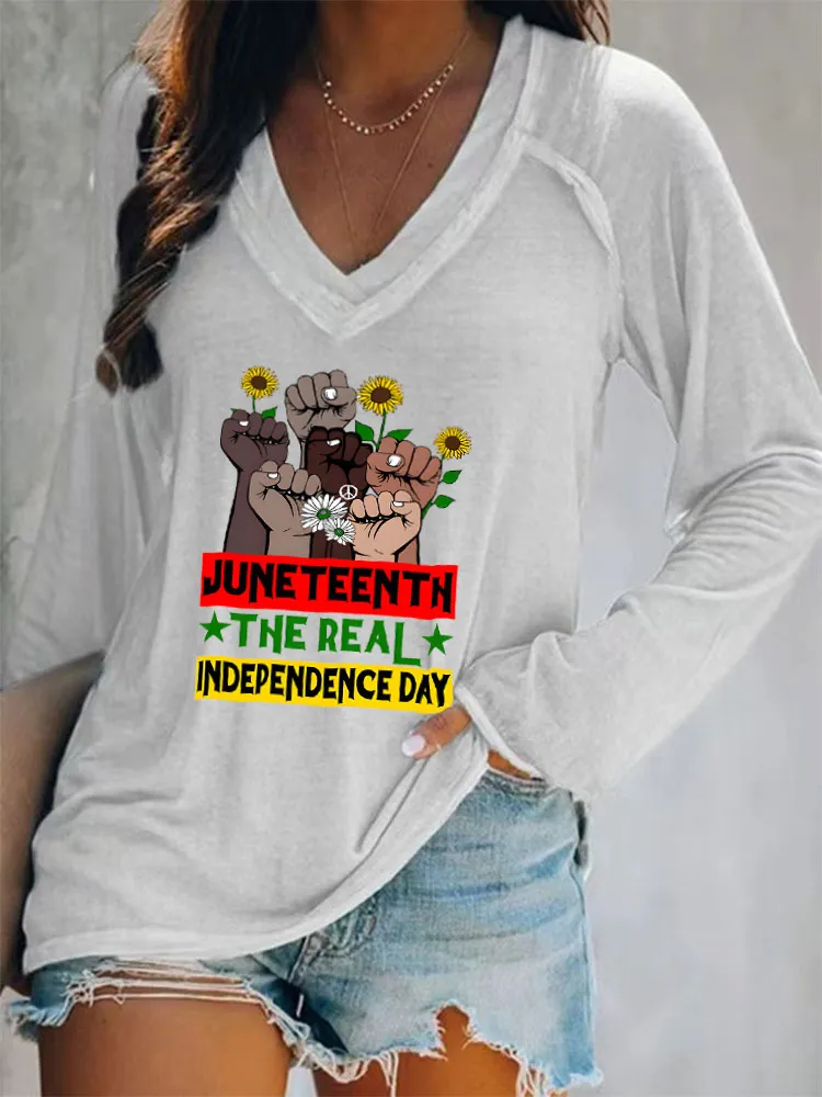 Women'S V-Neck Long-Sleeved T-Shirt Juneteenth The Real Independence Day