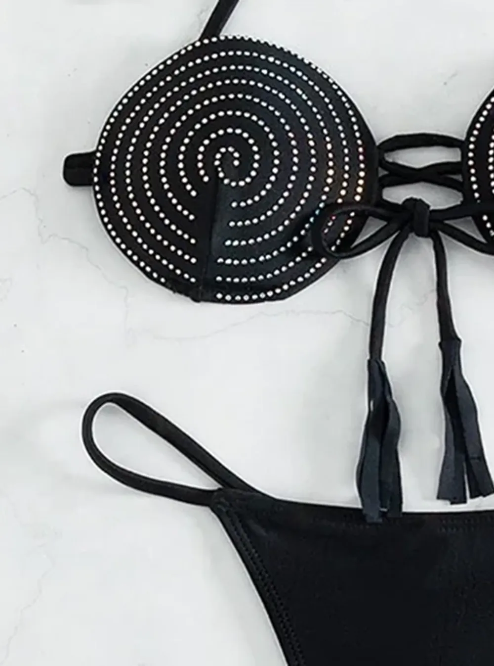 Rhinestone Open Back Black Thong Bikini