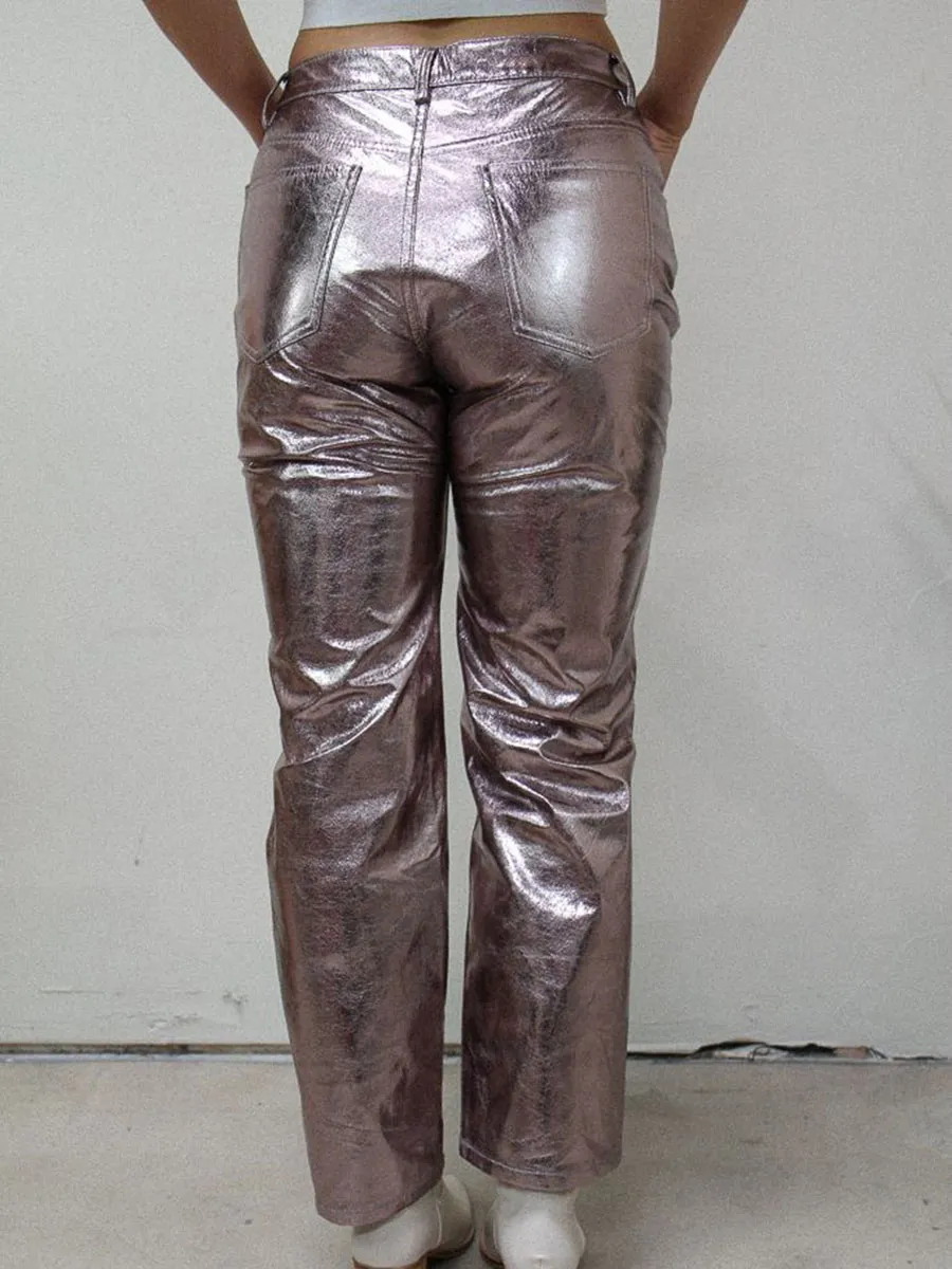 Metallic Low Rise Straight Leg Pants