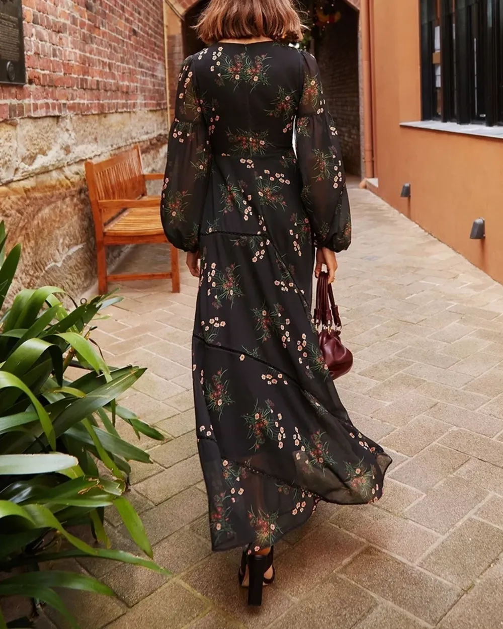 Chiffon Print Long Sleeve Maxi Dress
