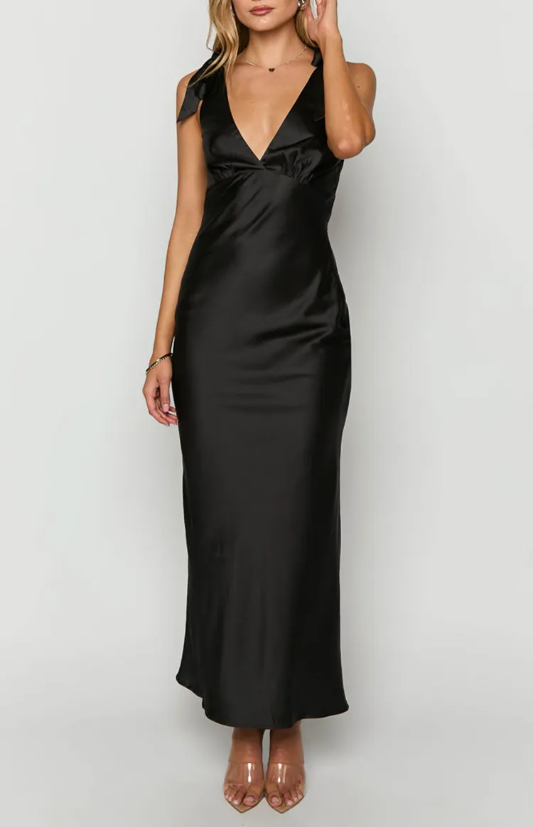 V-Neck Black Satin Maxi Dress