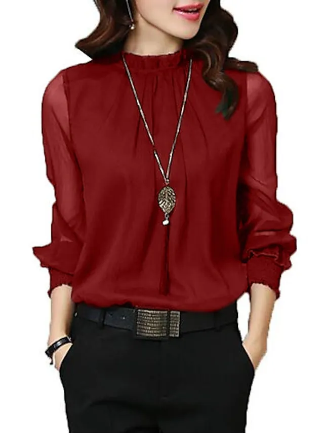 Women's Shirt Blouse Eyelet top Turtleneck shirt Wine Black White Mesh See Through Long Sleeve Office Work Business Basic Casual Regular Regular Fit Lantern Sleeve M