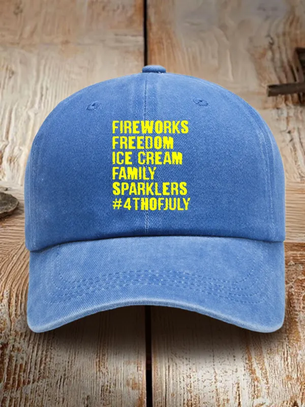 Fireworks Freedom Ice Cream Family Sparklers Print Washed Baseball Cap