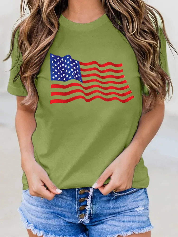 Woman'S Independence Day Flag Print Short-Sleeved T-Shirt