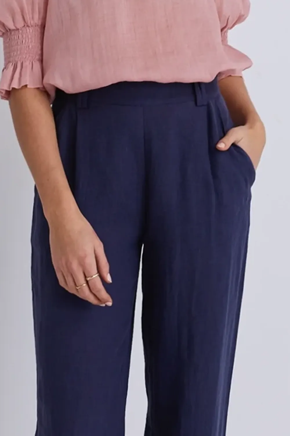 Navy Linen Elastic Back Wide Leg Pants